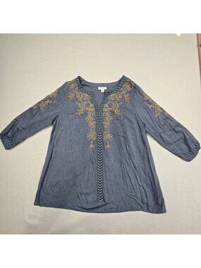 J Jill XS Petite Peasant Blouse Blue Embroidered Lightweight 3/4 Length Sleeve
